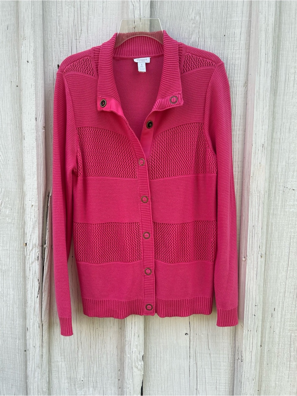 Weekends by Chico's Hot Pink Cotton Mesh Stripe Cardigan Size 1 M Snap Front